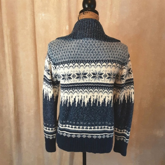 Vintage Blue & White Front Zip Sweater Cardigan Nordic Snowflake Ramie Cotton S - Picture 6 of 12